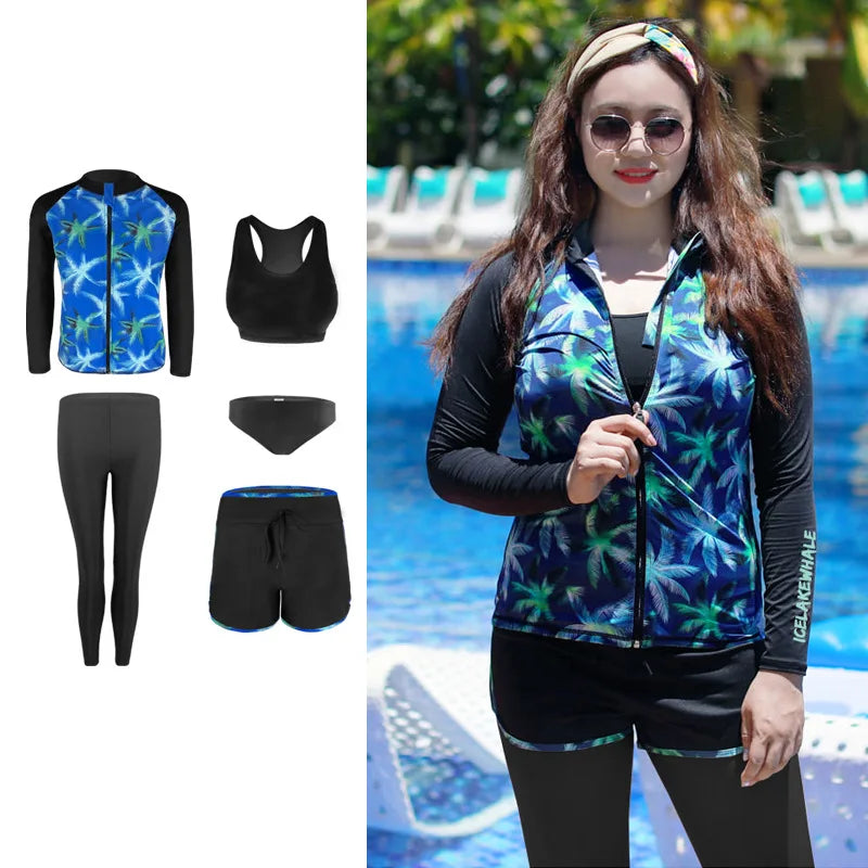 5pcs/set Women’s Plus Size Long Sleeve Rash Guard Tight Fit Swim Shirt Pants Sun Protection Swimsuit Tops+Bottoms Full Body