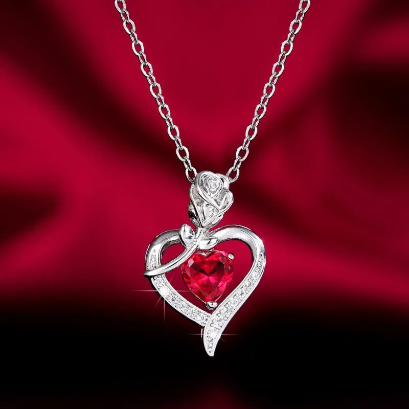 Huitan Red Heart CZ Pendant Necklace with Rose Flower Anniversary Gift for Lover/Mom 2023 New Design Women Jewelry Mother's Day