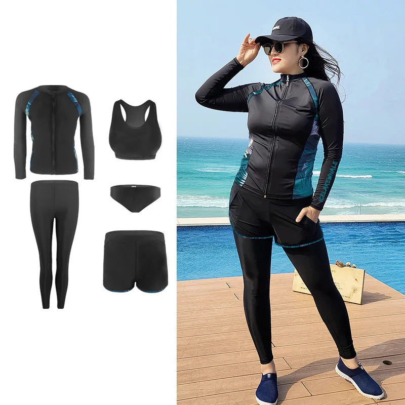 5pcs/set Women’s Plus Size Long Sleeve Rash Guard Tight Fit Swim Shirt Pants Sun Protection Swimsuit Tops+Bottoms Full Body