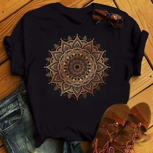 Plus Size Maycaur New Mandala Floral Printed T Shirt Women Casual Fashion T-shirt Loose Short Sleeve 90s Girls Aesthetics Top