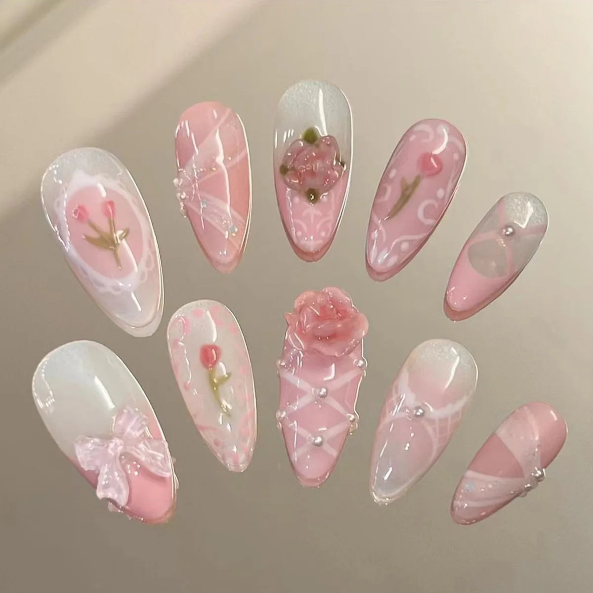 24pcs Sweet False Nail Patches Detachable Fake Nail Tips With Bowknots Love Heart Pearl Design Pink Almond Korean Press On Nail