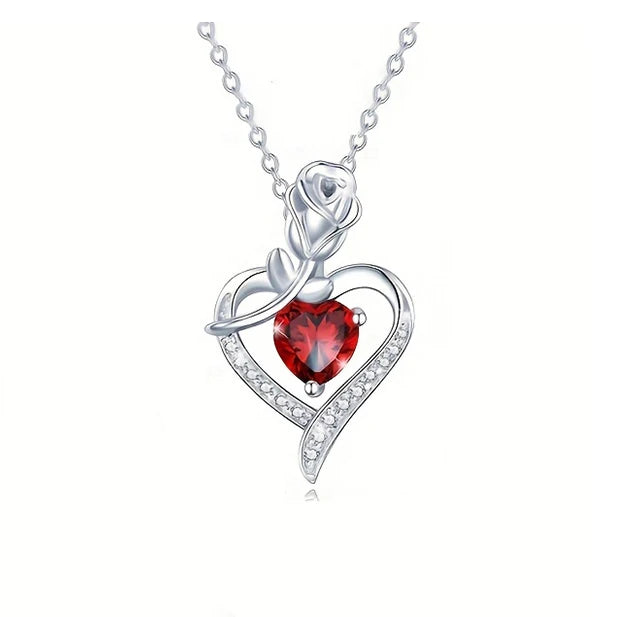 Red Heart Zircon Pendant Necklaces With Luxury Pink Rose Flower Gift Box For Women 2024 New Mother's Day Gifts Romantic Jewelry