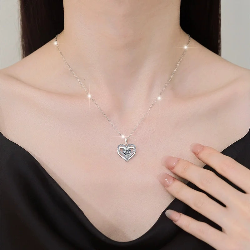 ZFSILVER Fashion Trendy Classic s925 Silver Luxury Moissanite Double Heart Necklace Women Accessories Party Jewelry Gifts HK0100