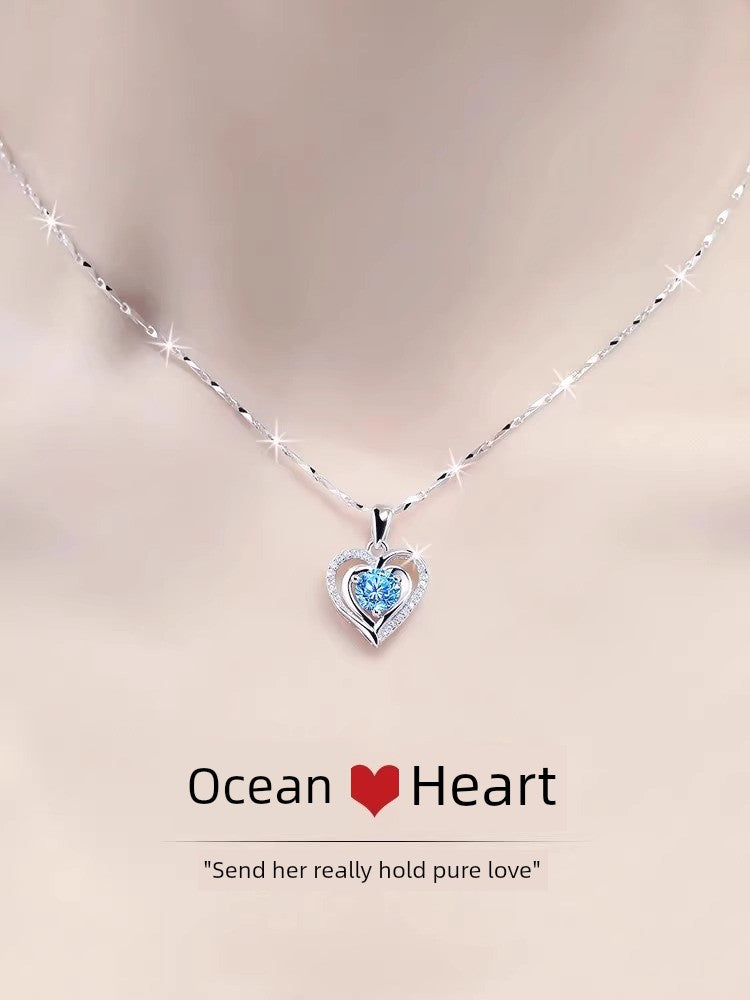 Ocean Heart Necklace Women's Pure Silver Gift Exquisite Fancy Accessible Luxury Sapphire Accessories All-Match Blue Pendant