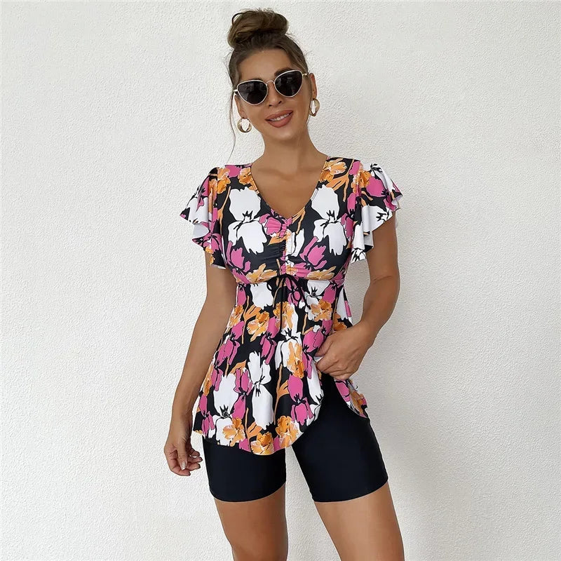 Women‘s Plus Size Swimsuit Two Piece Swim Dress Tummy Control Separate Printed Swimwear Tankini Sets with Shorts Boyshorts