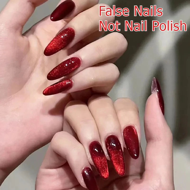 Sparkling Red Cat Eye Solid Color Fake Nail Halloween Fashion Detachable Finished False Nails Press on Nails with Glue Wholesale