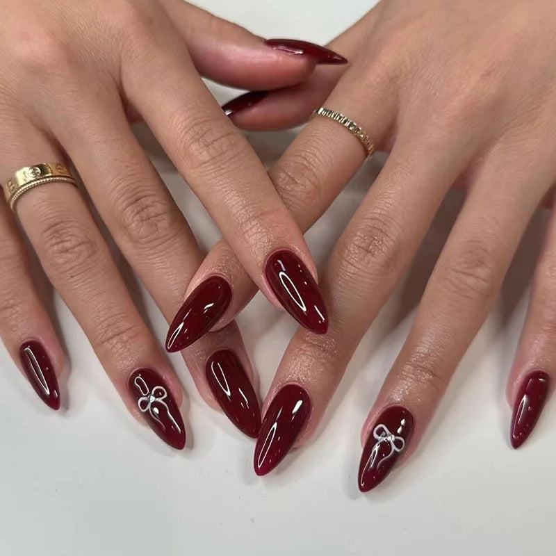 24Pcs Simple Wine Red Fake Nail with Glue Mid-length Almond Press on False Nails Wearable Round Head Oval Full Cover Nail Tips