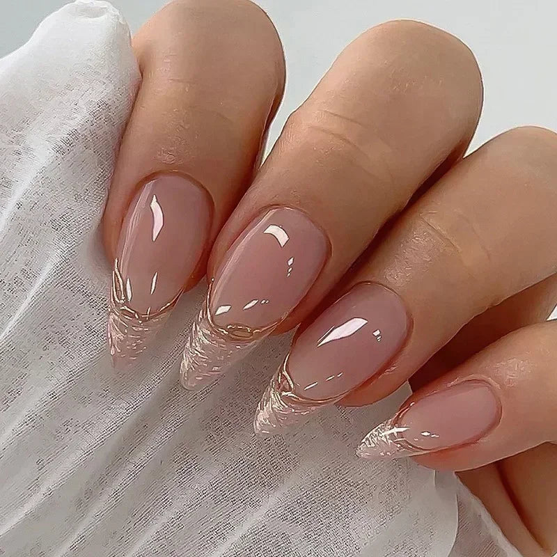 24Pcs French False Nails Almond Fake Nails with Glue Press on White Edge Design Wearable Simple Ins Pink Stiletto Nail Tips