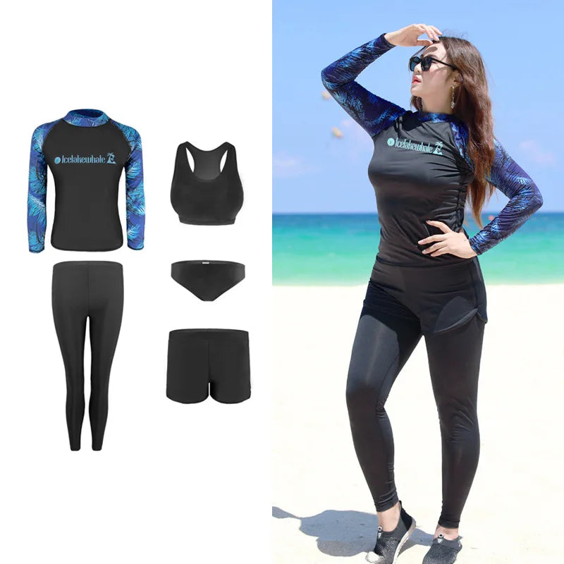 5pcs/set Women’s Plus Size Long Sleeve Rash Guard Tight Fit Swim Shirt Pants Sun Protection Swimsuit Tops+Bottoms Full Body