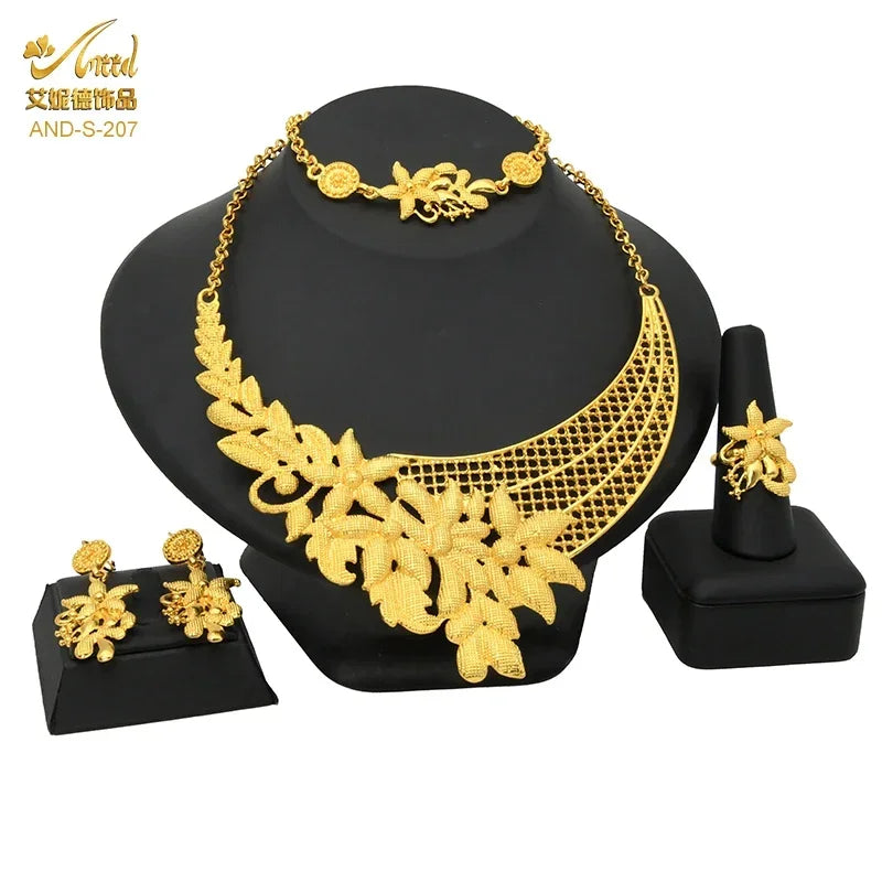 Luxury Dubai Ethiopian Multilayer Necklace And Earrings Sets For Women Indian Bridal 24k Gold Color Jewelry Set Wedding