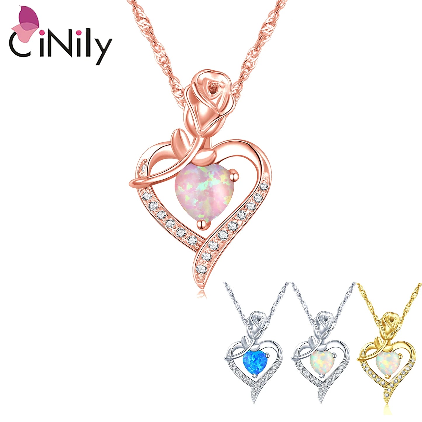 CiNily Heart Love Opal Necklace for Women Silver Plated Rose Pendant Flower Necklaces for Mother Day Gifts Jewelry With Chain